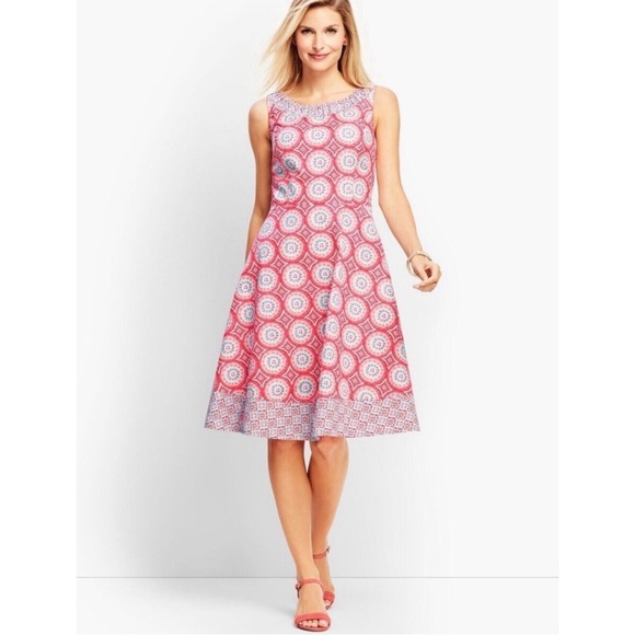 Talbots Dresses & Skirts - Talbots Coral Turquoise Mixed Geo Print Fit And Flare Midi Dress sz 6